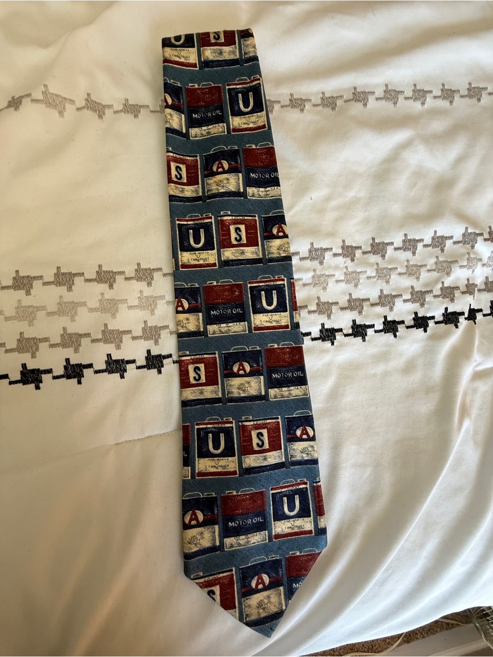 Structure Men's Blue Tie with Red & Cream Motor Oil Can Motif